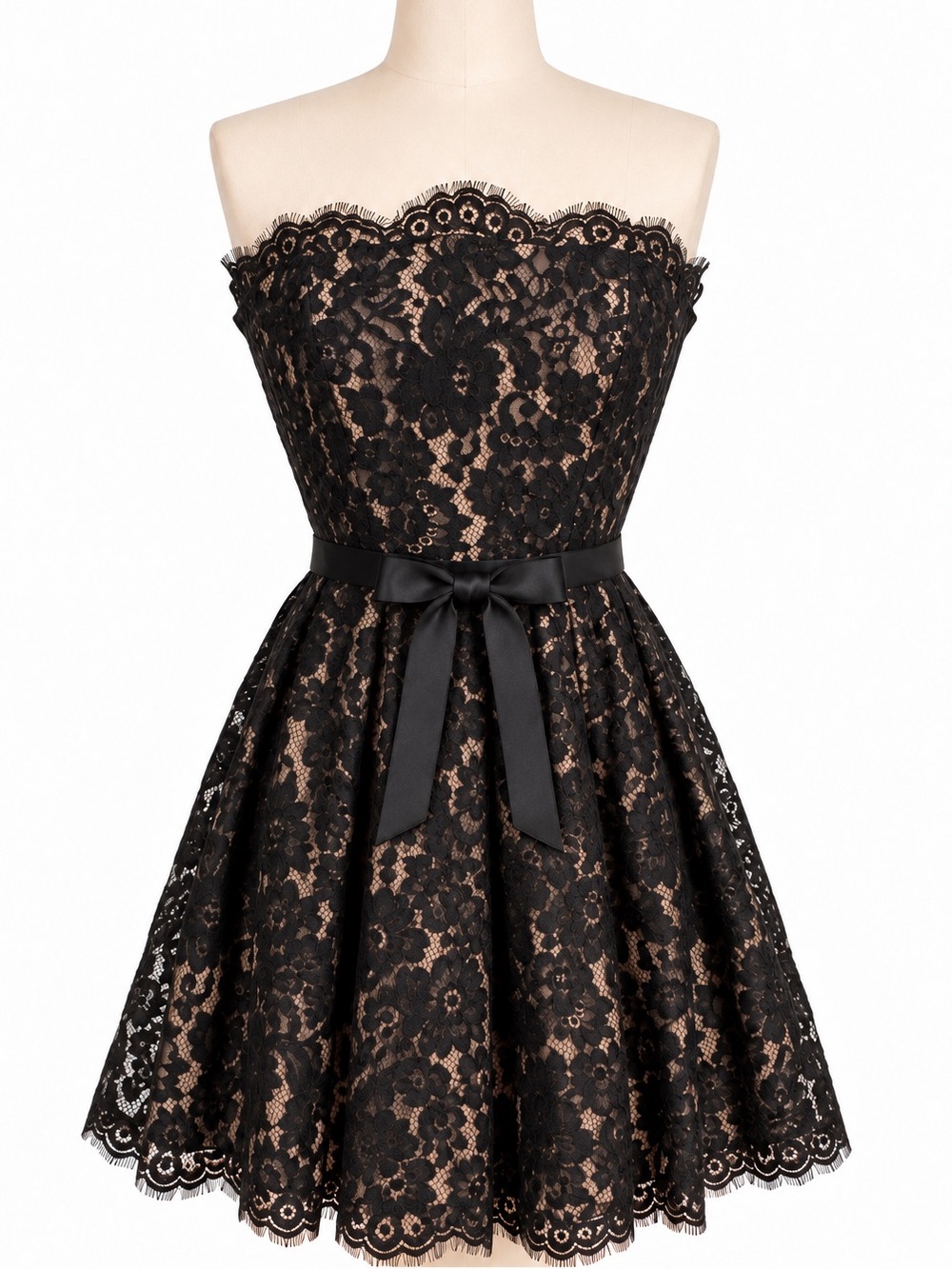 Robert Rodriguez Black Lace Strapless Cocktail Dress with Satin Bow